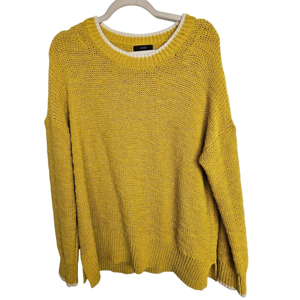 J. Crew Women Open Knit Crewneck Sweater Women L Mustard Preppy Classic Pullover